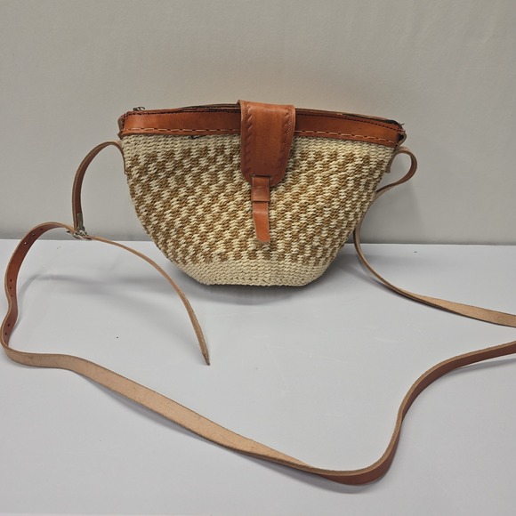 Unbranded Handbags - Handmade Woven Straw Raffia Crossbody Bag Tan Leather Trim Boho Summer Beach